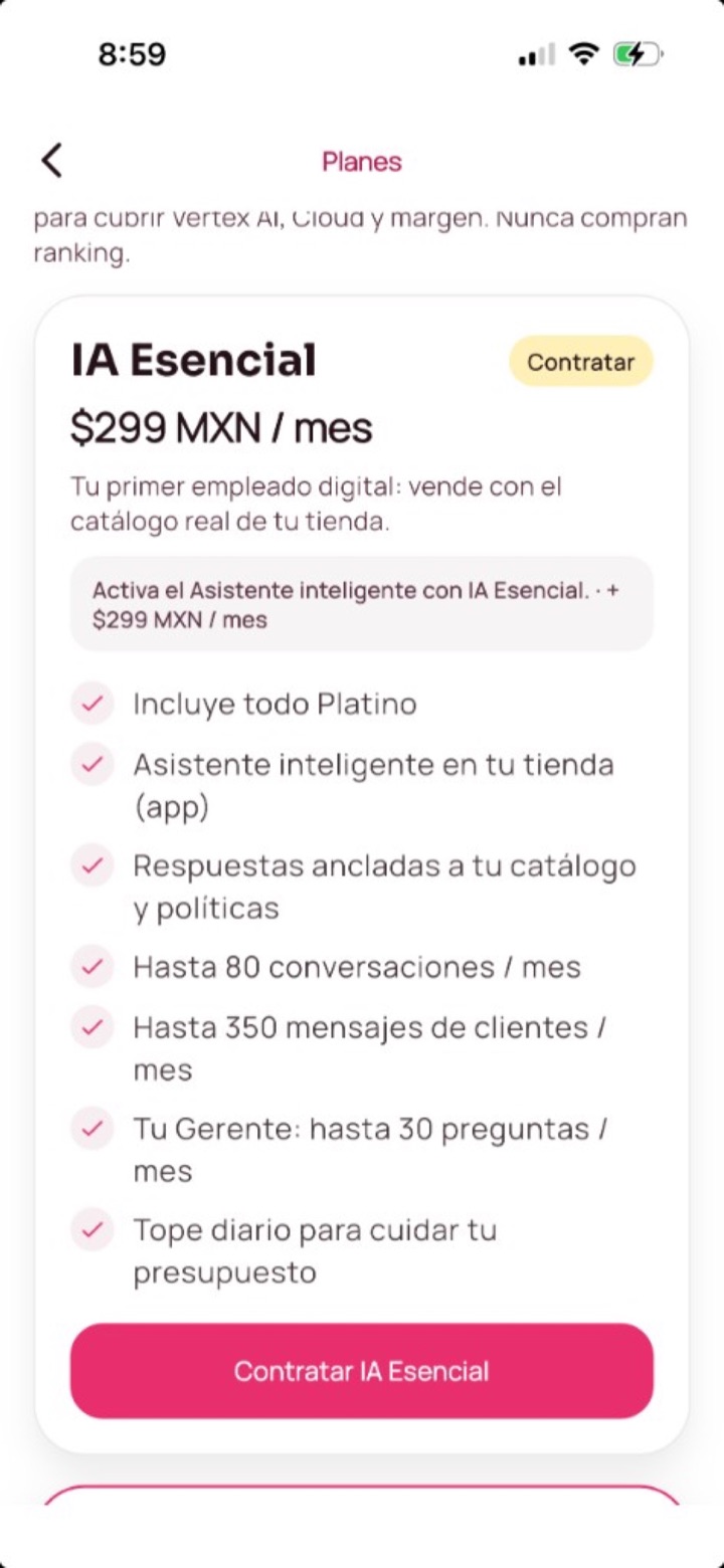 Pantalla de planes del Asistente inteligente de Mercadito